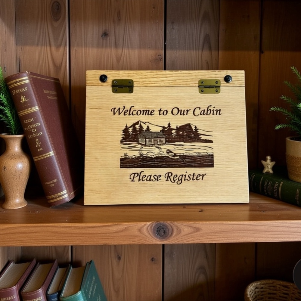 Custom made Cabin Guest Book - Personalized Engraved Wooden Airbnb Guestbook.